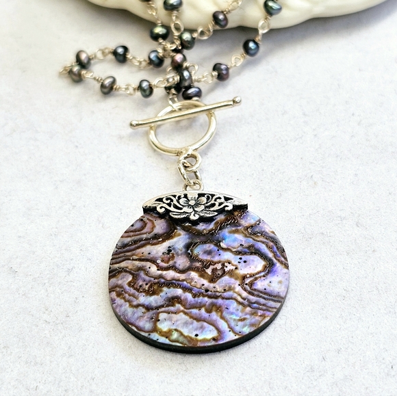 925 Silver Abalone and Pearl Station Necklace - Picture 6 of 15